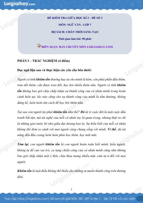 Đề thi giữa kì 2 Văn 7 Chân trời sáng tạo - Đề số 3